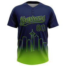 Загрузить изображение в средство просмотра галереи, Custom Navy Neon Green Seattle City Edition Gradient Two-Button Unisex Softball Jersey
