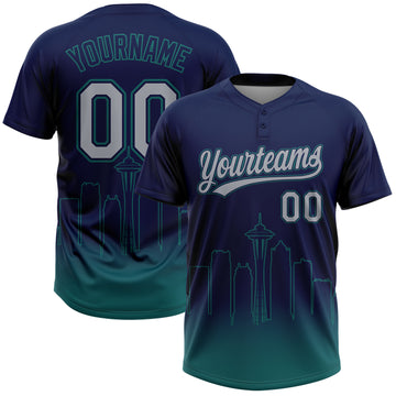 Custom Navy Gray-Teal Seattle City Edition Gradient Two-Button Unisex Softball Jersey