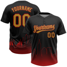Laden Sie das Bild in den Galerie-Viewer, Custom Black Old Gold-Red San Francisco City Edition Gradient Two-Button Unisex Softball Jersey
