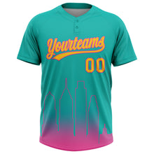 Load image into Gallery viewer, Custom Aqua Yellow-Pink San Diego City Edition Gradient Two-Button Unisex Softball Jersey
