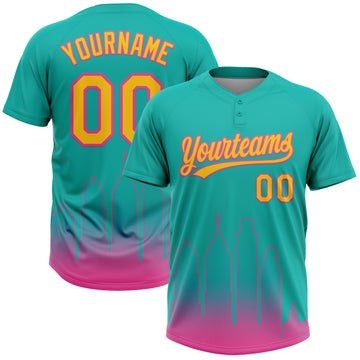 Custom Aqua Yellow-Pink San Diego City Edition Gradient Two-Button Unisex Softball Jersey
