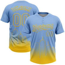 Laden Sie das Bild in den Galerie-Viewer, Custom Light Blue Yellow Boston City Edition Gradient Two-Button Unisex Softball Jersey
