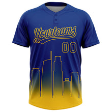 Load image into Gallery viewer, Custom Royal Yellow Los Angeles City Edition Gradient Two-Button Unisex Softball Jersey
