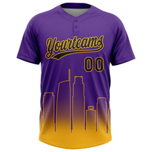 Load image into Gallery viewer, Custom Purple Black-Gold Los Angeles City Edition Gradient Two-Button Unisex Softball Jersey

