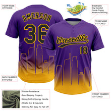 Load image into Gallery viewer, Custom Purple Black-Gold Los Angeles City Edition Gradient Two-Button Unisex Softball Jersey
