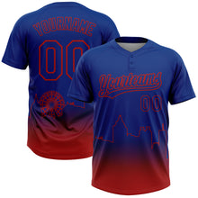 Laden Sie das Bild in den Galerie-Viewer, Custom Royal Red Atlanta City Edition Gradient Two-Button Unisex Softball Jersey
