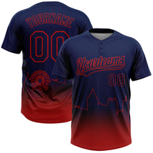 Load image into Gallery viewer, Custom Navy Red Atlanta City Edition Gradient Two-Button Unisex Softball Jersey
