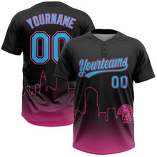 Laden Sie das Bild in den Galerie-Viewer, Custom Black Sky Blue-Pink Miami City Edition Gradient Two-Button Unisex Softball Jersey
