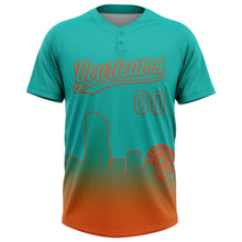 Загрузить изображение в средство просмотра галереи, Custom Aqua Orange Miami City Edition Gradient Two-Button Unisex Softball Jersey
