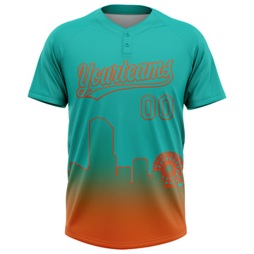 Custom Aqua Orange Miami City Edition Gradient Two-Button Unisex Softball Jersey