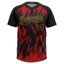 Laden Sie das Bild in den Galerie-Viewer, Custom Black Red-Old Gold Splatter Torn Sharp Brush Stroke Two-Button Unisex Softball Jersey
