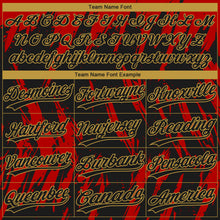 Laden Sie das Bild in den Galerie-Viewer, Custom Black Red-Old Gold Splatter Torn Sharp Brush Stroke Two-Button Unisex Softball Jersey
