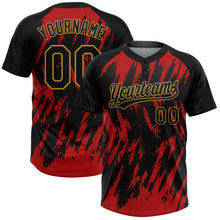 Laden Sie das Bild in den Galerie-Viewer, Custom Black Red-Old Gold Splatter Torn Sharp Brush Stroke Two-Button Unisex Softball Jersey
