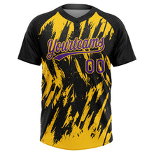 Charger l'image dans la galerie, Custom Black Purple-Yellow Splatter Torn Sharp Brush Stroke Two-Button Unisex Softball Jersey
