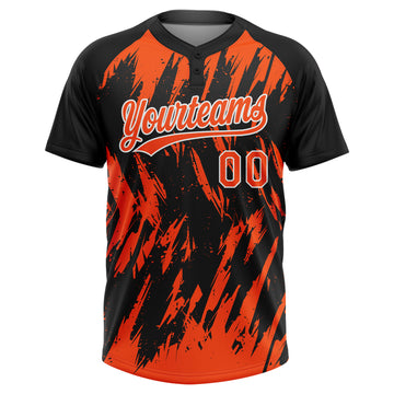 Custom Black Orange-White Splatter Torn Sharp Brush Stroke Two-Button Unisex Softball Jersey