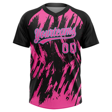 Custom Black Pink-Light Blue Splatter Torn Sharp Brush Stroke Two-Button Unisex Softball Jersey