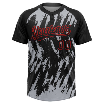 Custom Black Gray-Red Splatter Torn Sharp Brush Stroke Two-Button Unisex Softball Jersey