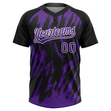 Custom Black Purple-White Splatter Torn Sharp Brush Stroke Two-Button Unisex Softball Jersey