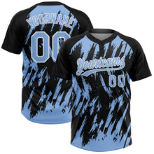 Laden Sie das Bild in den Galerie-Viewer, Custom Black Light Blue-White Splatter Torn Sharp Brush Stroke Two-Button Unisex Softball Jersey
