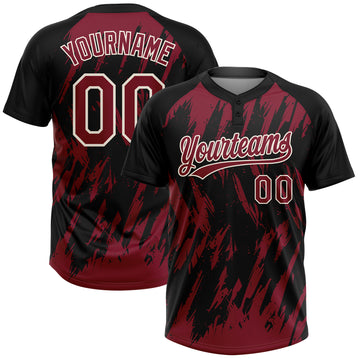 Custom Black Crimson-Cream Splatter Torn Sharp Brush Stroke Two-Button Unisex Softball Jersey