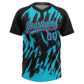 Custom Black Lakes Blue-Pink Splatter Torn Sharp Brush Stroke Two-Button Unisex Softball Jersey