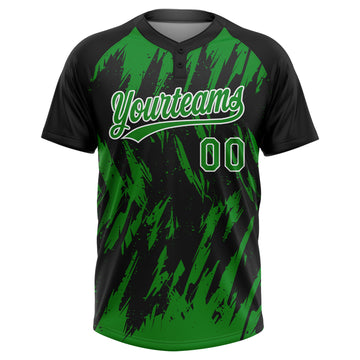 Custom Black Grass Green-White Splatter Torn Sharp Brush Stroke Two-Button Unisex Softball Jersey