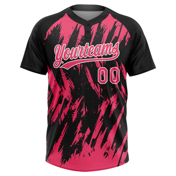 Custom Black Neon Pink-White Splatter Torn Sharp Brush Stroke Two-Button Unisex Softball Jersey