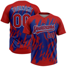 Load image into Gallery viewer, Custom Red Royal-White Splatter Torn Sharp Brush Stroke Two-Button Unisex Softball Jersey
