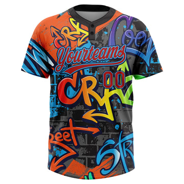 Custom Graffiti Pattern Red Sky Blue-Navy Vibrant Multi-Color Street Style Two-Button Unisex Softball Jersey