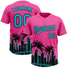 Загрузить изображение в средство просмотра галереи, Custom Pink Lakes Blue-Black Miami Palm Trees City Edition Two-Button Unisex Softball Jersey
