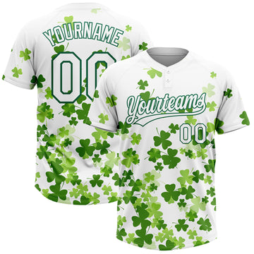 Custom White Kelly Green St.Patrick's Day Shamrock 3D Pattern Design Two-Button Unisex Softball Jersey