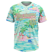 Load image into Gallery viewer, Custom Lakes Blue Pea Green-Pink Beach Hawaii Palm Trees And Flamingo Two-Button Unisex Softball Jersey
