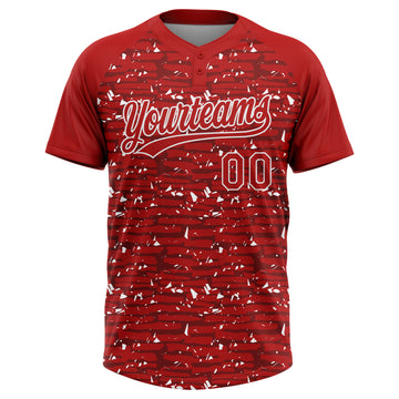 Custom Red-White Raglan Sleeves Distressed Fragment Brush Stroke Two-Button Unisex Softball Jersey