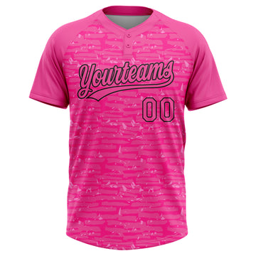 Custom Pink-Black Raglan Sleeves Distressed Fragment Brush Stroke Two-Button Unisex Softball Jersey