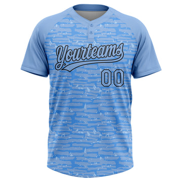 Custom Light Blue-Black Raglan Sleeves Distressed Fragment Brush Stroke Two-Button Unisex Softball Jersey