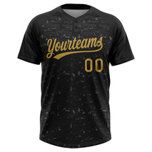 Загрузить изображение в средство просмотра галереи, Custom Black-Old Gold Raglan Sleeves Distressed Fragment Brush Stroke Two-Button Unisex Softball Jersey
