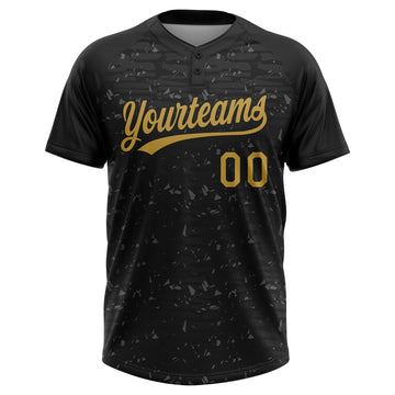 Custom Black-Old Gold Raglan Sleeves Distressed Fragment Brush Stroke Two-Button Unisex Softball Jersey