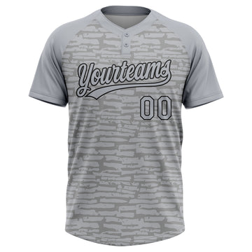 Custom Gray-Black Raglan Sleeves Distressed Fragment Brush Stroke Two-Button Unisex Softball Jersey