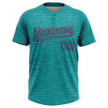 Load image into Gallery viewer, Custom Teal Black-Pink Raglan Sleeves Distressed Fragment Brush Stroke Two-Button Unisex Softball Jersey
