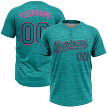 Load image into Gallery viewer, Custom Teal Black-Pink Raglan Sleeves Distressed Fragment Brush Stroke Two-Button Unisex Softball Jersey
