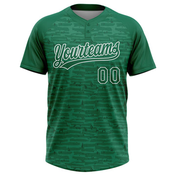 Custom Kelly Green-White Raglan Sleeves Distressed Fragment Brush Stroke Two-Button Unisex Softball Jersey
