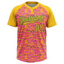 Load image into Gallery viewer, Custom Pink Yellow-Kelly Green Raglan Sleeves Distressed Fragment Brush Stroke Two-Button Unisex Softball Jersey
