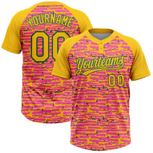 Load image into Gallery viewer, Custom Pink Yellow-Kelly Green Raglan Sleeves Distressed Fragment Brush Stroke Two-Button Unisex Softball Jersey
