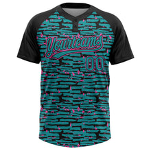 Load image into Gallery viewer, Custom Teal Black-Pink Raglan Sleeves Distressed Fragment Brush Stroke Two-Button Unisex Softball Jersey
