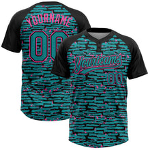 Load image into Gallery viewer, Custom Teal Black-Pink Raglan Sleeves Distressed Fragment Brush Stroke Two-Button Unisex Softball Jersey
