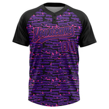 Load image into Gallery viewer, Custom Purple Black-Pink Raglan Sleeves Distressed Fragment Brush Stroke Two-Button Unisex Softball Jersey
