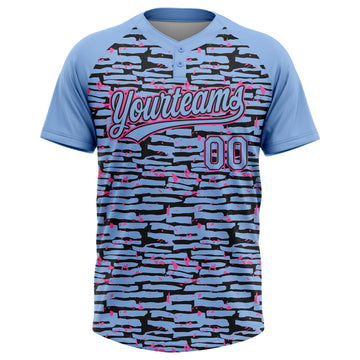 Custom Light Blue Black-Pink Raglan Sleeves Distressed Fragment Brush Stroke Two-Button Unisex Softball Jersey