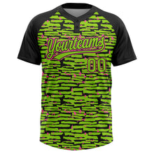 Charger l'image dans la galerie, Custom Neon Green Black-Pink Raglan Sleeves Distressed Fragment Brush Stroke Two-Button Unisex Softball Jersey

