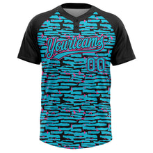 Laden Sie das Bild in den Galerie-Viewer, Custom Lakes Blue Black-Pink Raglan Sleeves Distressed Fragment Brush Stroke Two-Button Unisex Softball Jersey
