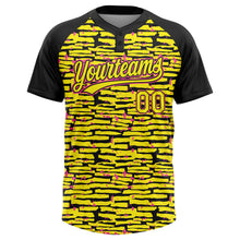 Загрузить изображение в средство просмотра галереи, Custom Light Yellow Black-Pink Raglan Sleeves Distressed Fragment Brush Stroke Two-Button Unisex Softball Jersey
